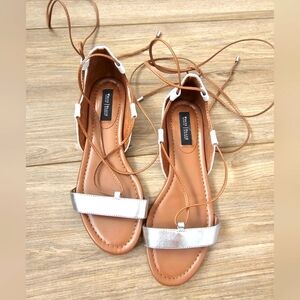 White House Black Market Silver Tan Sandals with Ankle Wrap